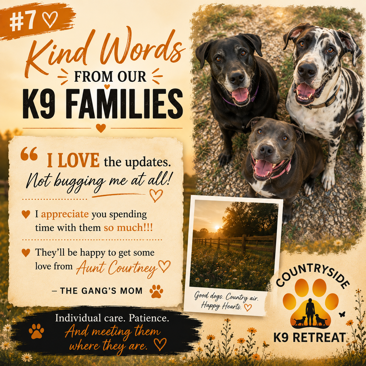 Review from a CountrySide K9 family praising the photo updates and personal care