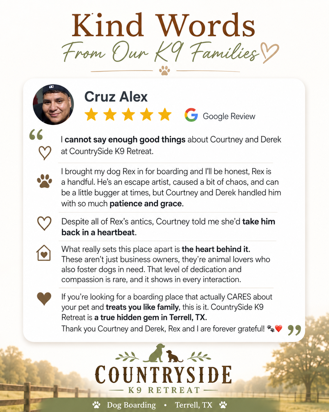 Screenshot of a five-star Google review for CountrySide K9 Retreat